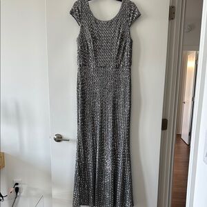 Alex Evenings Silver Scoop Neck Maxi Gown